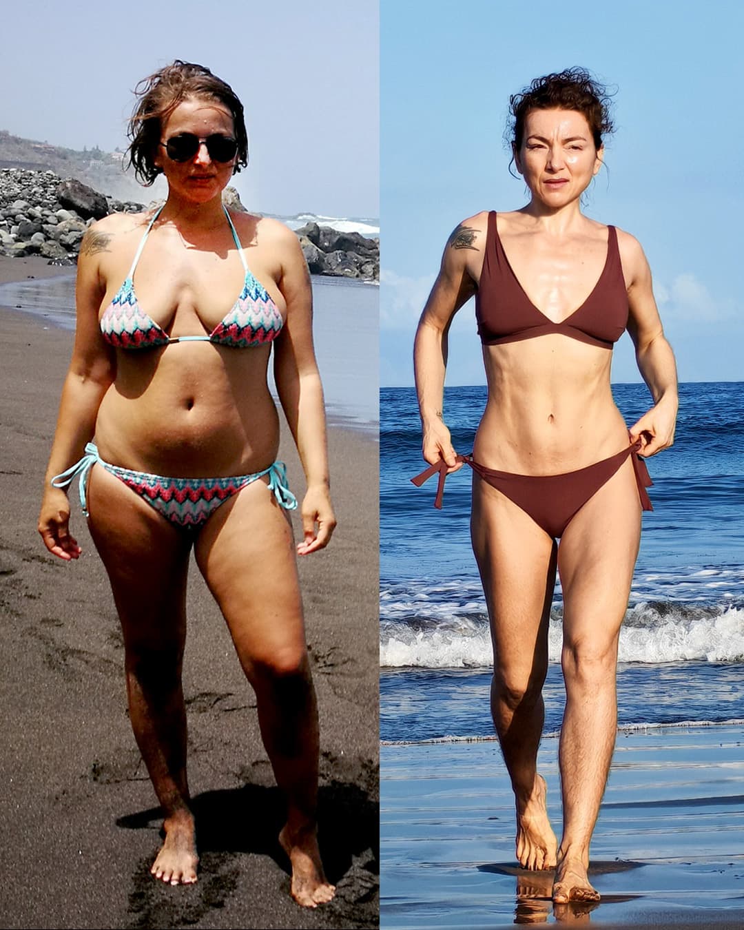 Jeanina on the same beach, before and after — 50 pounds apart