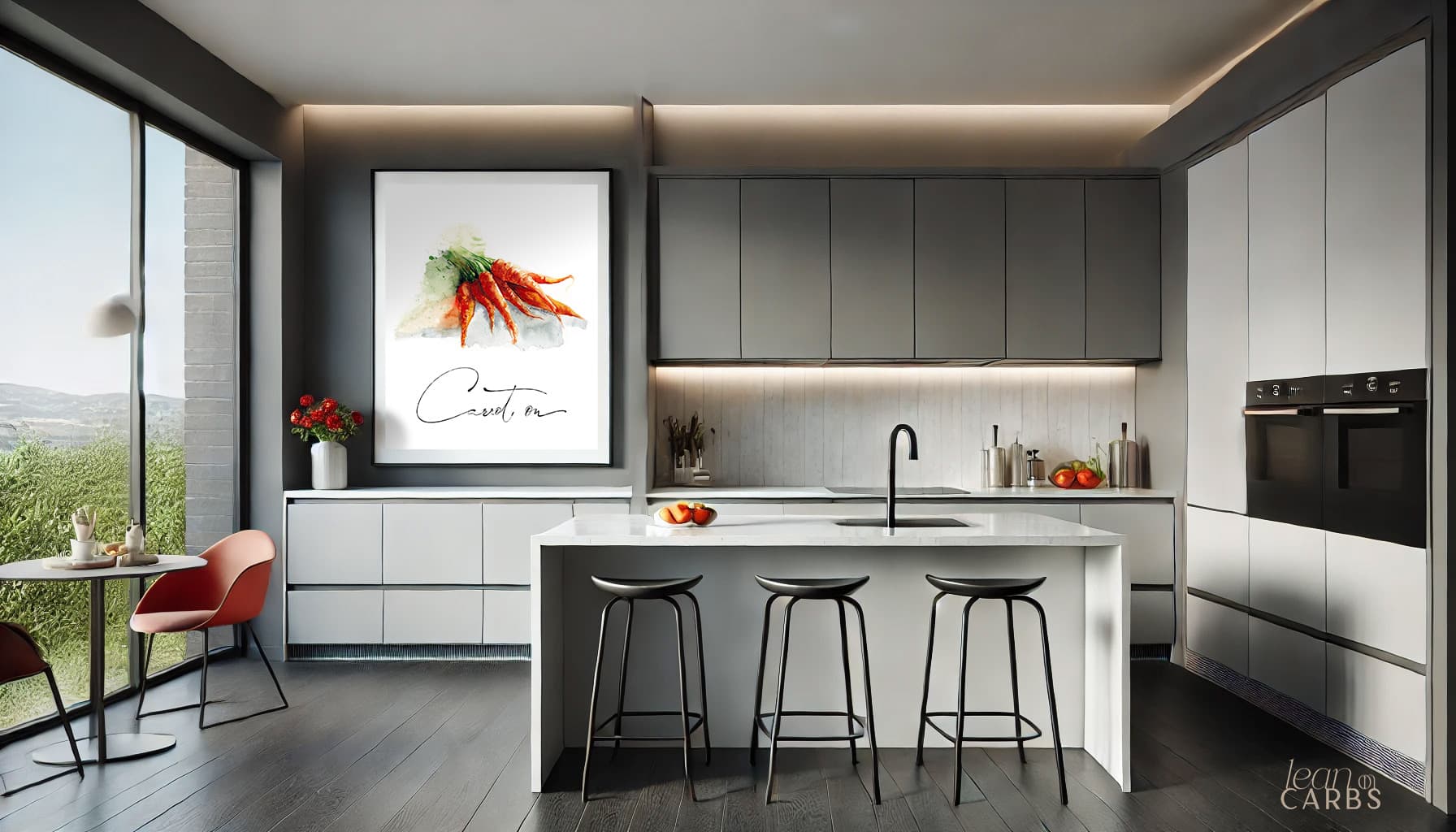 The framed print on the wall of a grey and white kitchen, next to the window