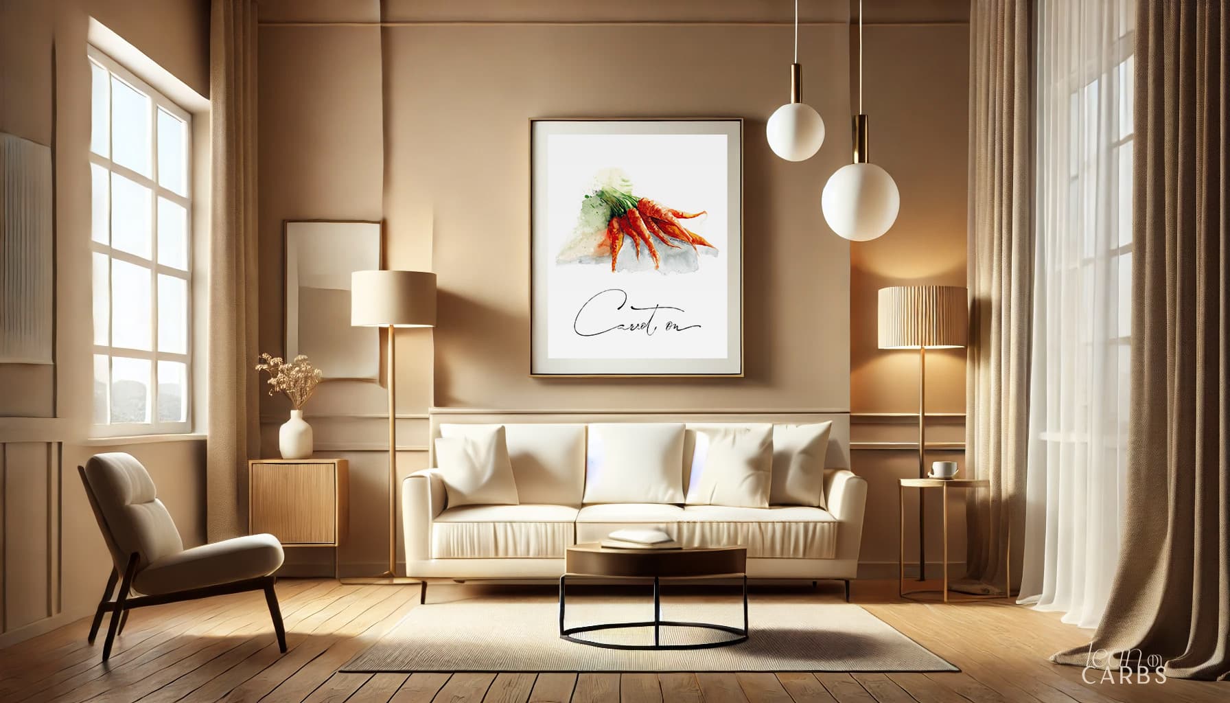 The framed print hanging above a cream sofa in a warm, sunlit living room